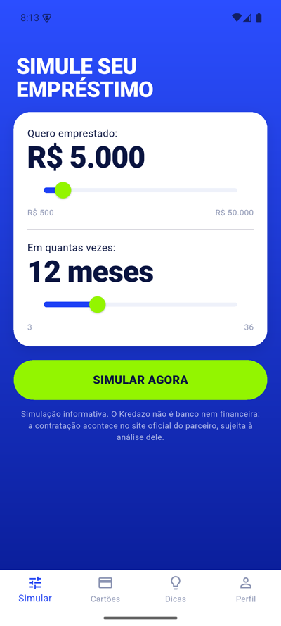 Tela real do simulador do Kredazo: escolha o valor e o número de parcelas