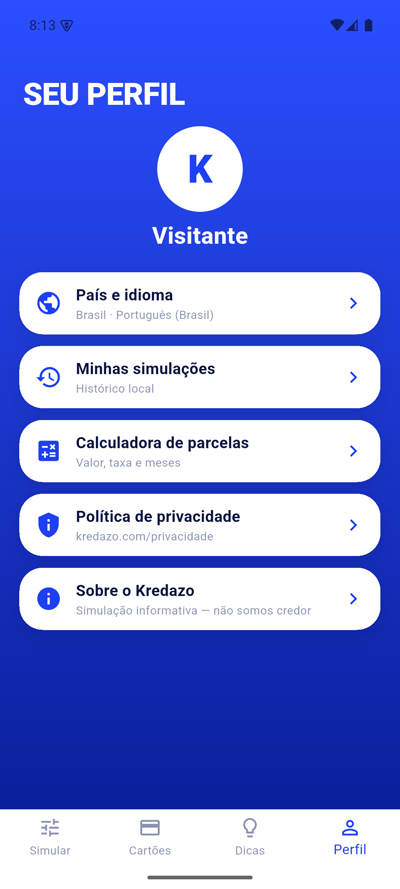Perfil e histórico de simulações do Kredazo
